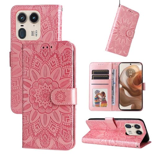 Funda de Piel con Relieve de Girasol para Motorola Edge 50 Ultra/X50 Ultra (Oro Rosa)