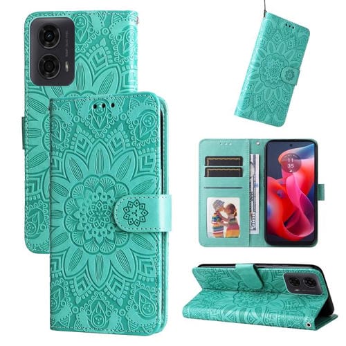 Funda de Piel Motorola Moto G04/G04S/G24/E14 Diseño Girasol En Relieve (Verde)