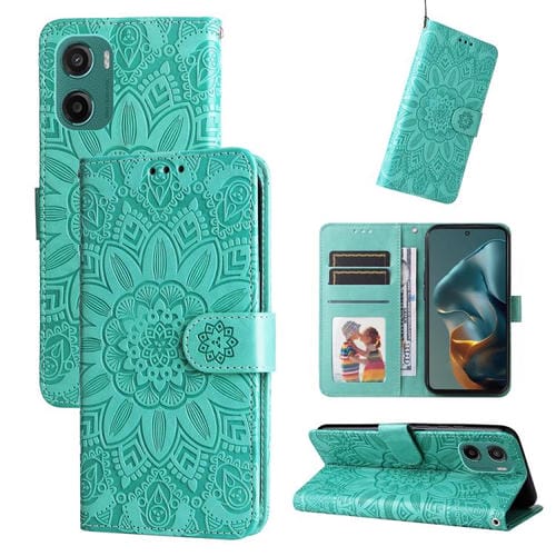 Funda de Piel Motorola Moto G05/E15 con Diseño Girasol en Relieve (Verde)