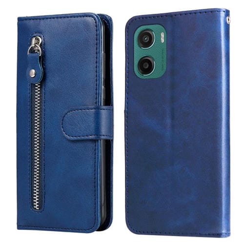 Funda de Piel con Cremallera y Textura de Becerro para Motorola Moto G05/E15 (Azul)