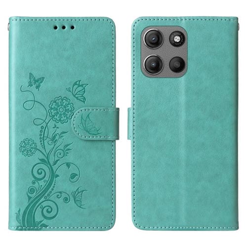 Funda de Cuero Motorola Moto G15/G15 Power con Diseño de Mariposas y Flores en Relieve (Verde)