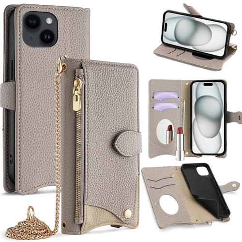 Funda de Piel de Lichi con Cadena Cruzada y Cola de Pez para iPhone 15 Plus (Gris)