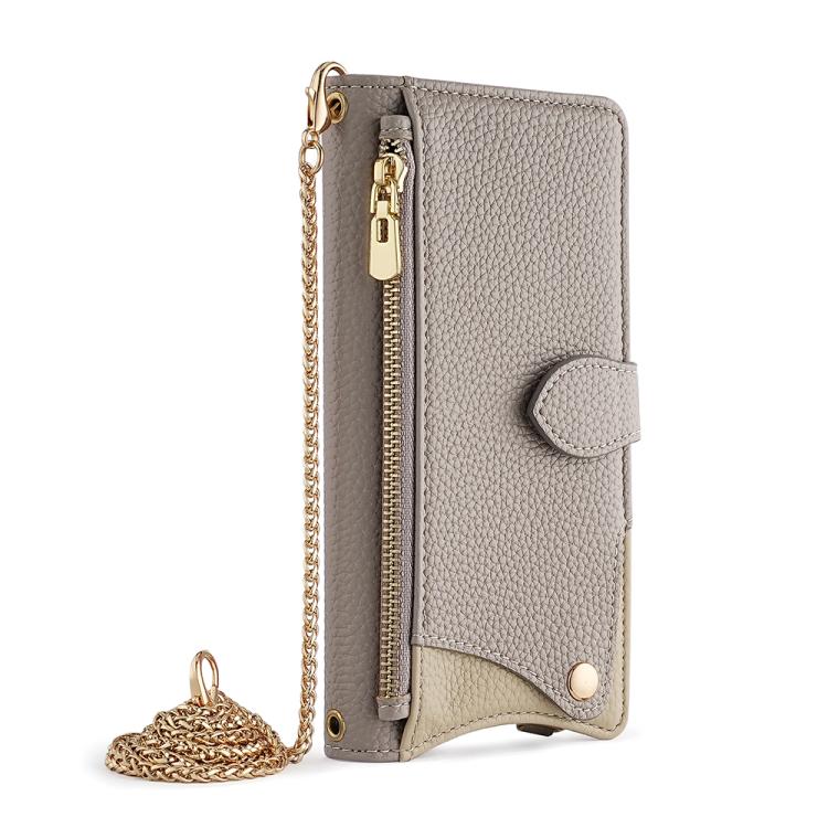 Funda de Piel de Lichi con Cadena Cruzada y Cola de Pez para iPhone 15 Plus (Gris)