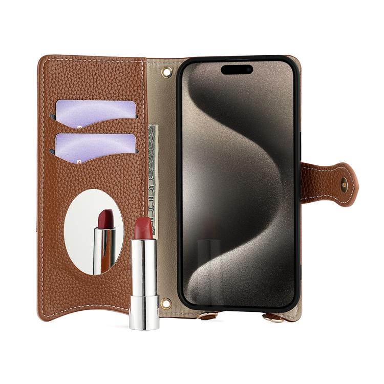 Funda de Piel de Lichi para iPhone 14 Pro Max Diseño de Cola de Pez y Cadena Cruzada (Marrón)