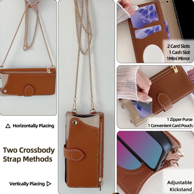 Funda de Piel de Lichi para iPhone 14 Pro Max Diseño de Cola de Pez y Cadena Cruzada (Marrón)