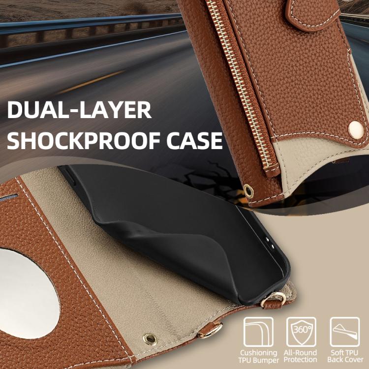 Funda de Piel de Lichi para iPhone 14 Pro Max Diseño de Cola de Pez y Cadena Cruzada (Marrón)
