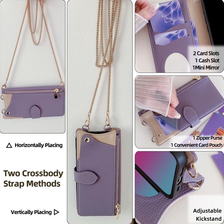 Funda Piel de Lichi iPhone 14 Pro Max Diseño Cola de Pez y Cadena Cruzada (Morado)