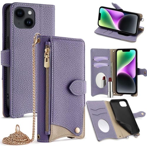 Funda de Piel de Lichi con Diseño de Cola de Pez y Cadena Cruzada para iPhone 13 (Morado)