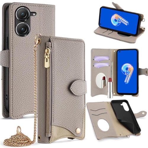 Funda de Cuero Tipo Lichi con Cola de Pez y Cadena Cruzada para Asus Zenfone 9/Zenfone 10 (Gris)