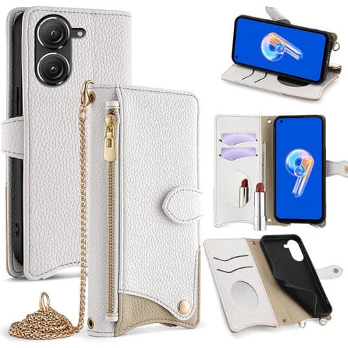 Funda Cuero Tipo Lichi Cola de Pez con Cadena Cruzada para Asus Zenfone 9/Zenfone 10 (Blanca)