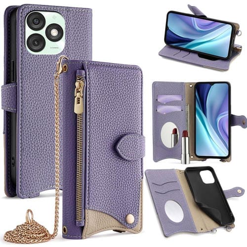 Funda para Teléfono Itel A50 de Cuero de Lichi con Cola de Pez y Cadena Cruzada (Morado)