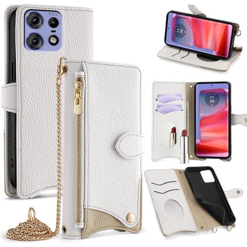 Funda de Cuero con Cadena Cruzada y Diseño Cola de Pez para Motorola Edge 50 Pro (Blanco)