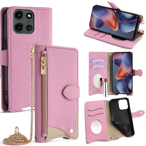 Funda de Cuero con Cadena Cruzada y Diseño de Cola de Pez para Motorola Moto G 2025 (Rosa)