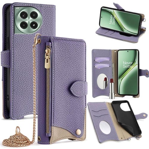 Funda de Cuero Lichi OnePlus Ace 3 Pro Diseño Cola de Pez Cadena Cruzada (Morado)