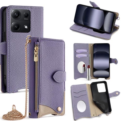 Funda de cuero tipo lichi con diseño de cola de pez y cadena cruzada para Redmi Note 14S 4G (morado)