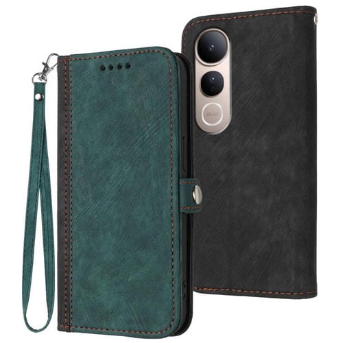 Funda de Cuero con Hebilla Lateral y Doble Pliegue para Vivo V50 Lite 4G/5G (Verde Oscuro)