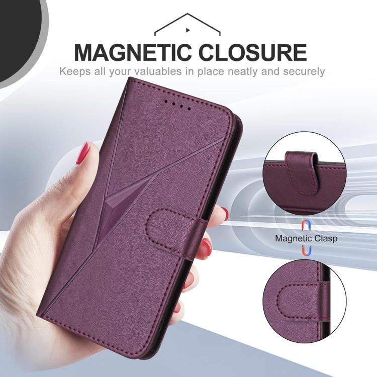 Estuche de Cuero con Hebilla y Diseño de Triángulos para Teléfono Itel A48 (Morado Oscuro)