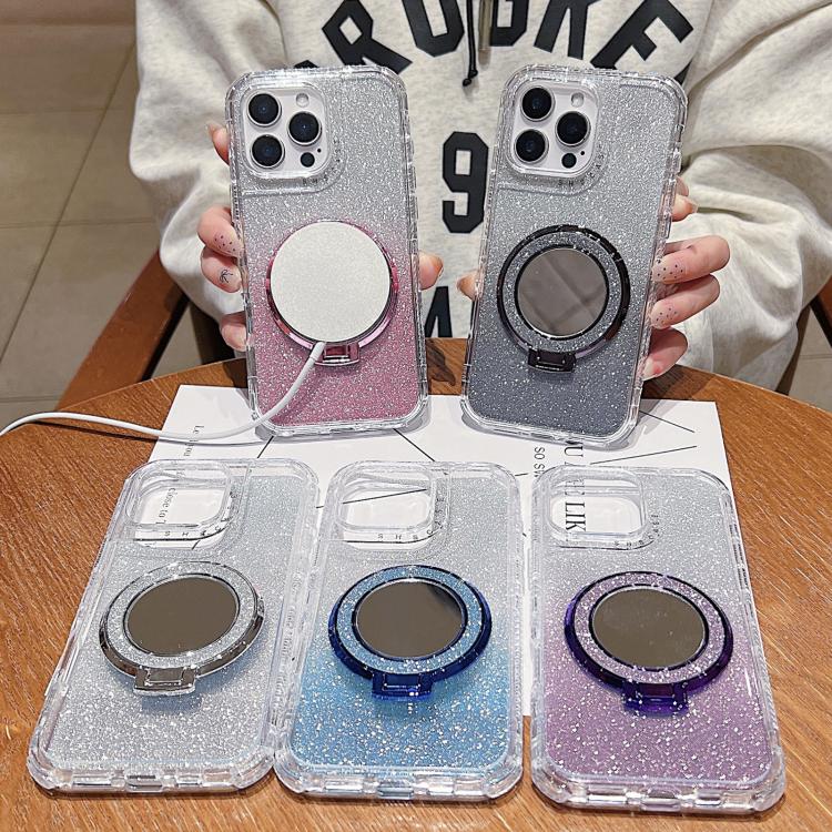 Funda para Teléfono Magsafe para iPhone 14 con Soporte Espejo y Purpurina (Azul)