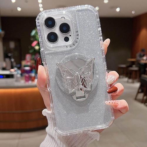 Funda para Teléfono iPhone 15 Pro Soporte Mariposa Espejo Purpurina Magsafe (Plateada)