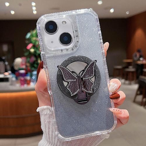Funda para Teléfono iPhone 14 Plus Soporte Mariposa Espejo Purpurina Magsafe (Negra)