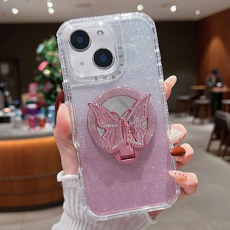 Funda para Teléfono iPhone 14 con Soporte de Mariposa y Espejo Purpurina Magsafe (Rosa)
