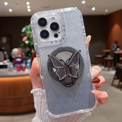 Funda para Teléfono iPhone 14 Pro Soporte Mariposa Espejo Purpurina Magsafe (Negra)