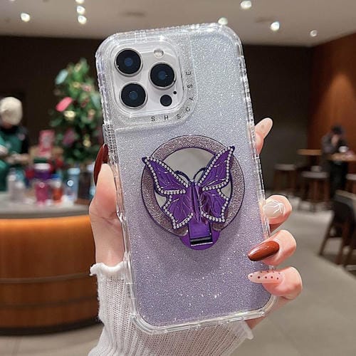 Funda para Teléfono iPhone 12 Pro Max con Soporte de Mariposa Espejo Purpurina Magsafe (Morado)