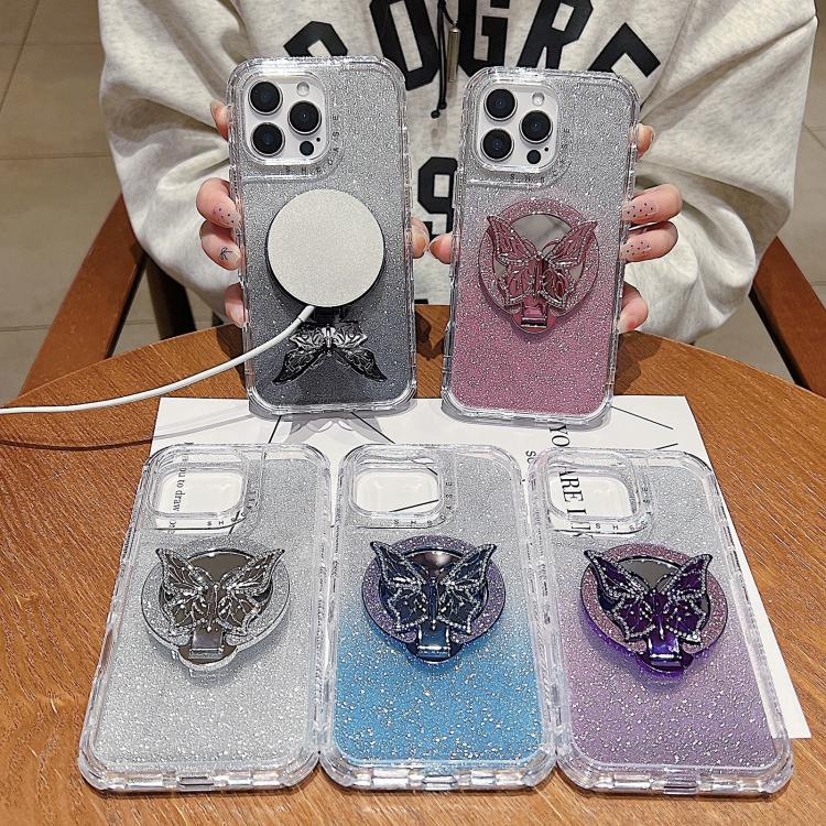 Funda para Teléfono iPhone 14 con Soporte de Mariposa y Espejo Purpurina Magsafe (Rosa)