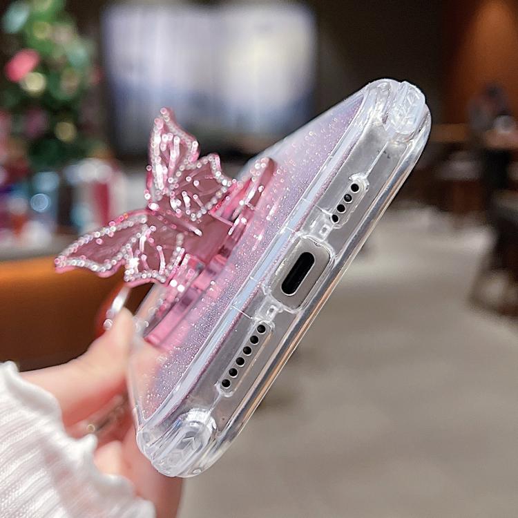 Funda para Teléfono iPhone 14 con Soporte de Mariposa y Espejo Purpurina Magsafe (Rosa)