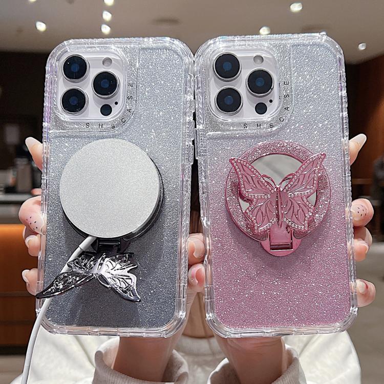 Funda para Teléfono iPhone 15 Plus Soporte Mariposa Espejo Purpurina Magsafe (Negra)