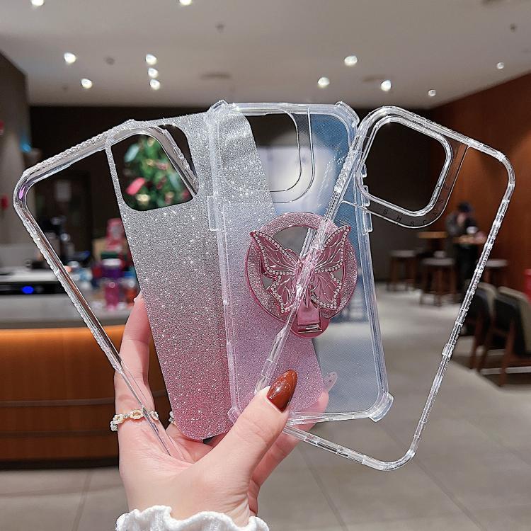 Funda para Teléfono iPhone 12 con Soporte de Mariposa Espejo Purpurina Magsafe (Azul)