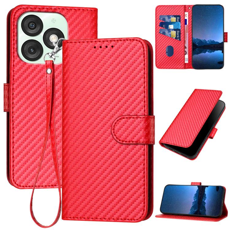 Funda de Cuero con Hebilla de Fibra de Carbono para Teléfono Itel A50 Yx0070 con Cordón (Rojo)