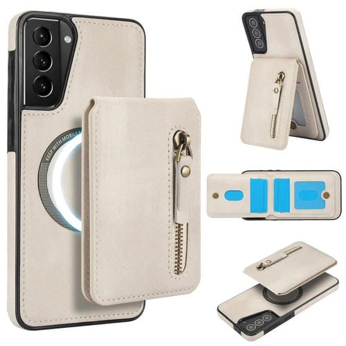 Funda de Cuero con Tapa Trasera Magsafe Dividida con Cremallera para Samsung Galaxy S21+ 5G (Blanca)