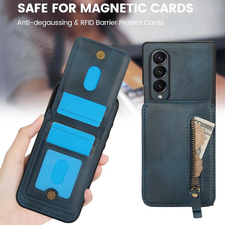 Funda de Cuero con Cremallera y Parte Trasera Magsafe Dividida Samsung Galaxy Z Fold4 (Azul)