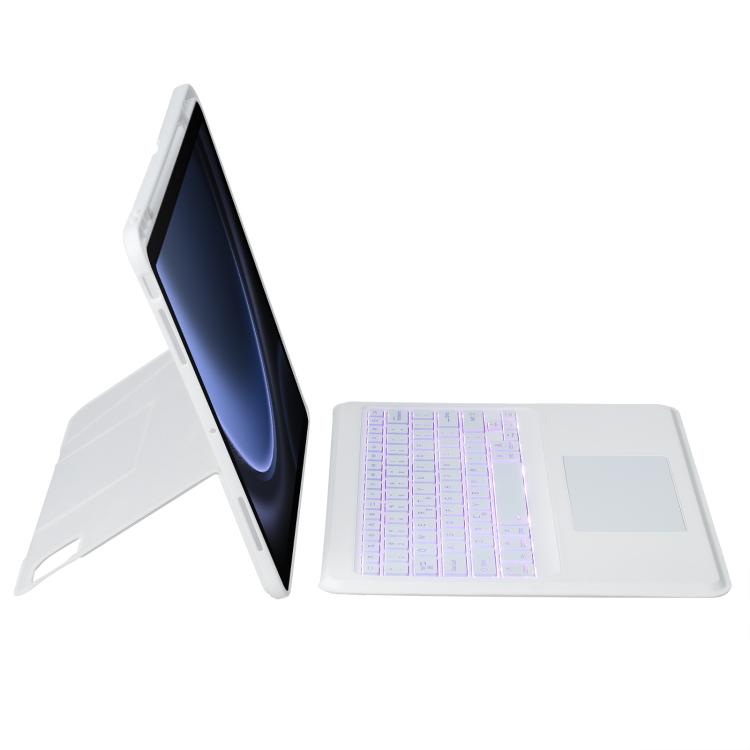 Funda de Cuero para Tableta Samsung Galaxy Tab S9 Fe/S9 con Teclado Retroiluminado Desmontable y Panel Táctil (Blanco)