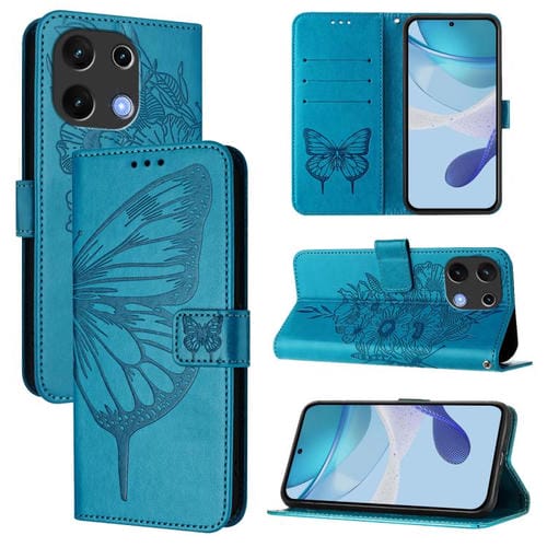 Funda de Cuero para Umidigi Note 100 con Diseño de Mariposa en Relieve (Azul)