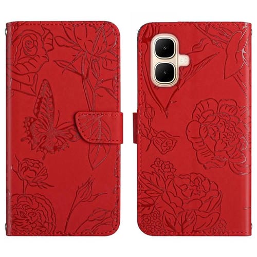 Funda de cuero con tapa y diseño de mariposas en relieve para Infinix Smart 10 4G / Tecno Pop 10 (Roja)