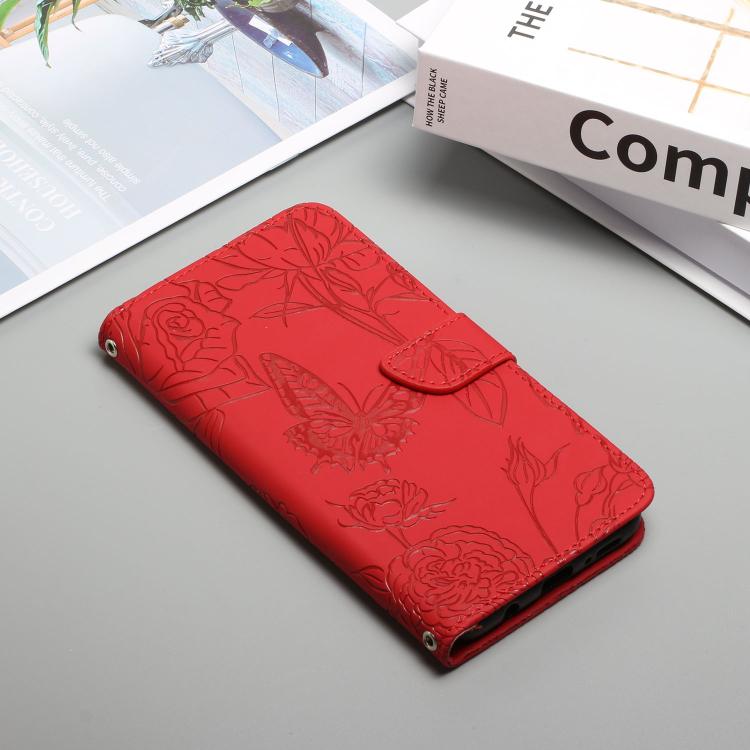 Funda de cuero con tapa y diseño de mariposas en relieve para Infinix Smart 10 4G / Tecno Pop 10 (Roja)