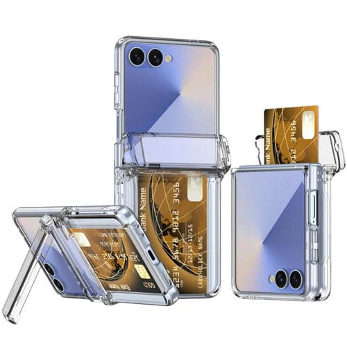 Funda plegable de PC con soporte y ranura para tarjeta y cadena de goma para Samsung Galaxy Z Flip7 5G (transparente)