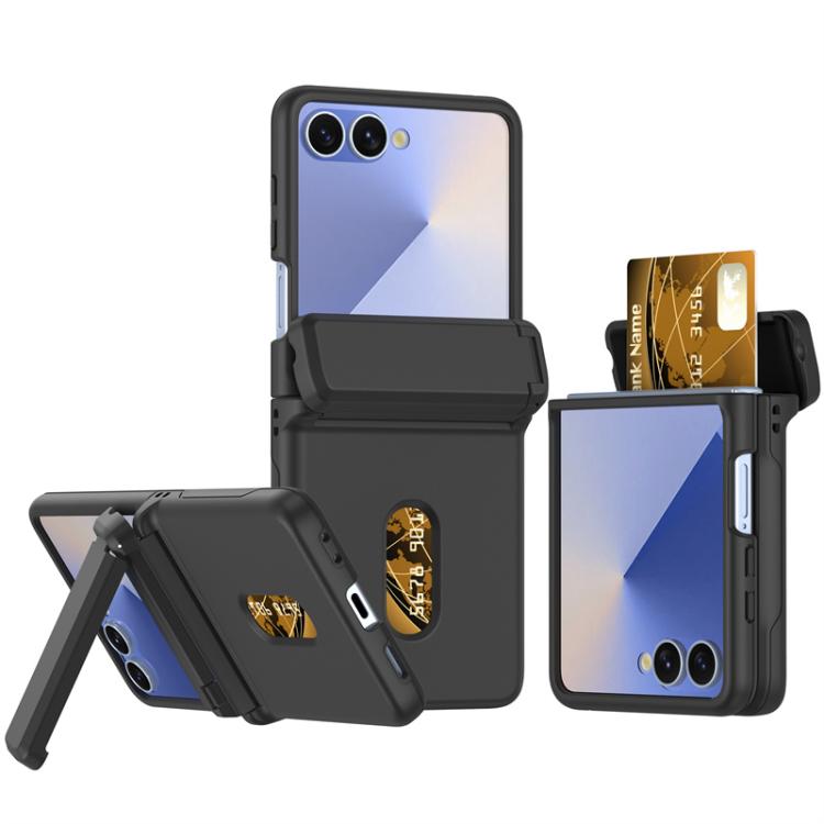 Funda plegable de PC con soporte y ranura para tarjeta y cadena de goma para Samsung Galaxy Z Flip7 5G (negro)