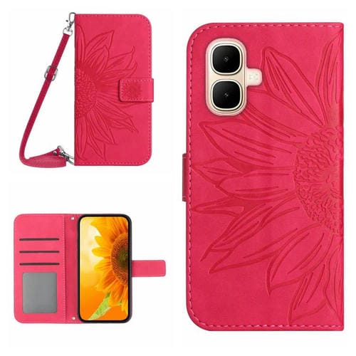 Funda de cuero con tapa y cordón para Infinix Smart 10 4G / Tecno Pop 10, con diseño de girasol en relieve y tacto suave (rosa rojo)