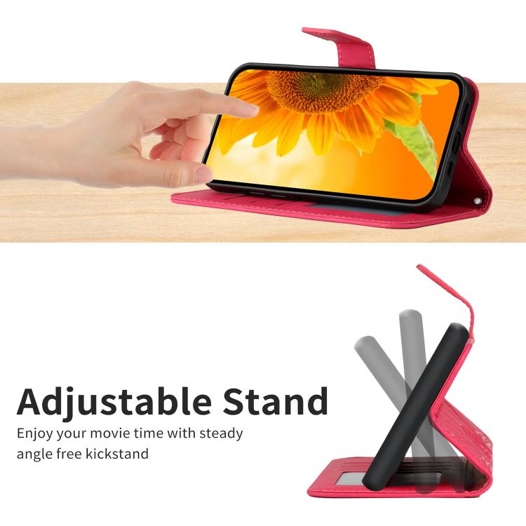 Funda de cuero con tapa y cordón para Infinix Smart 10 4G / Tecno Pop 10, con diseño de girasol en relieve y tacto suave (rosa rojo)