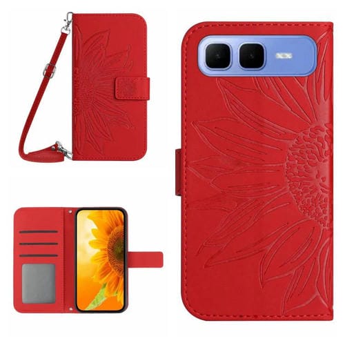 Funda de cuero con tapa y cordón para Infinix Smart 10 Plus 4G, con diseño de girasol en relieve y tacto suave (roja)