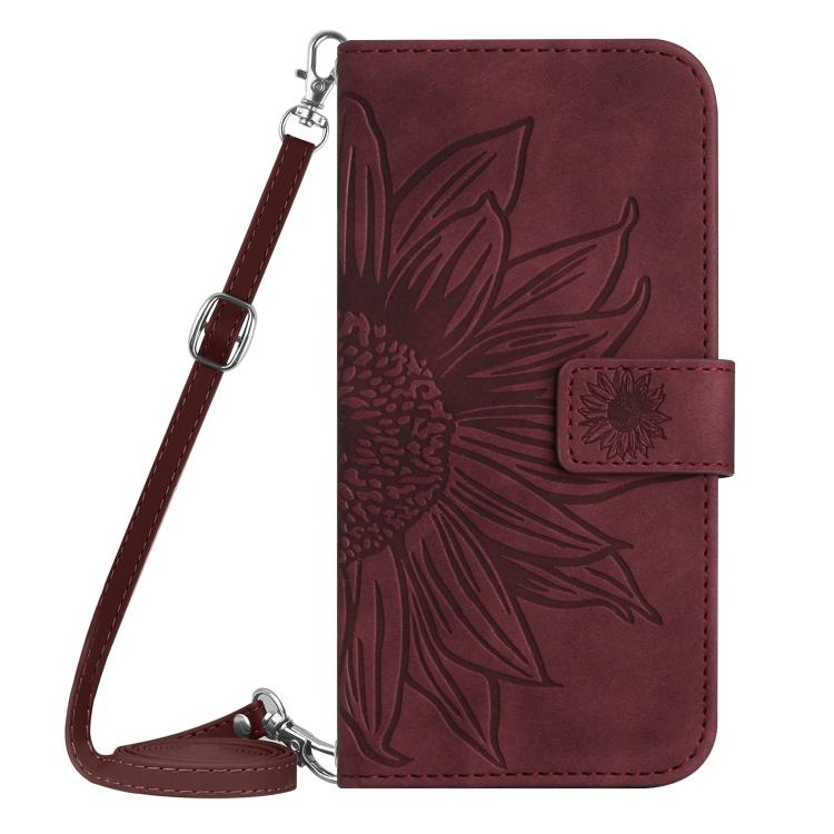 Funda de cuero con tapa y cordón para Infinix Smart 10 Plus 4G, con diseño de girasoles en relieve y tacto suave (rojo vino)