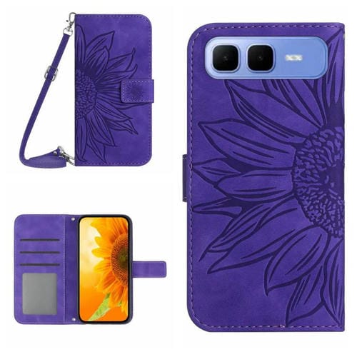 Funda de cuero con tapa y cordón para Infinix Smart 10 Plus 4G, con diseño de girasoles en relieve y tacto suave (morado oscuro)