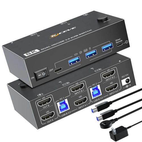 Conmutador KVM KC-KVM8202 de Dos Monitores USB 3.0/HDMI 8K 60 Hz con Dos Puertos y Enchufe Estadounidense