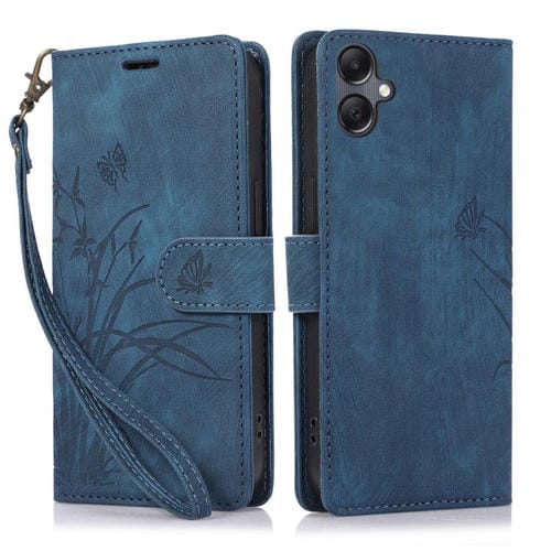 Funda de Cuero Samsung Galaxy A06 Relieve Mariposa y Orquídea (Azul)
