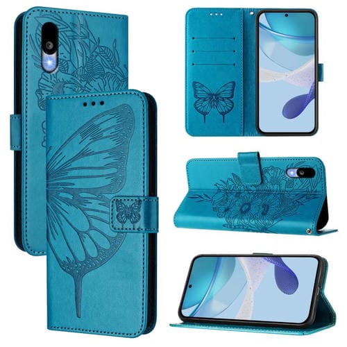 Funda de Cuero para Sharp Basio Active3 con Diseño de Mariposa En Relieve (Azul)