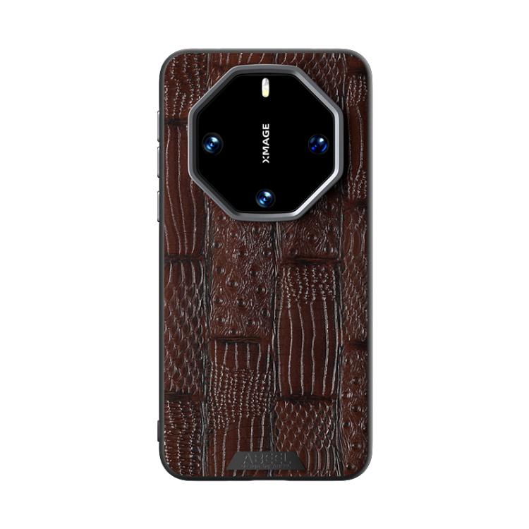 Funda de Piel Auténtica con Micrograbado 6D Diseño Abeel Beast para Huawei Mate 60 Rs Ultimate (Marrón)