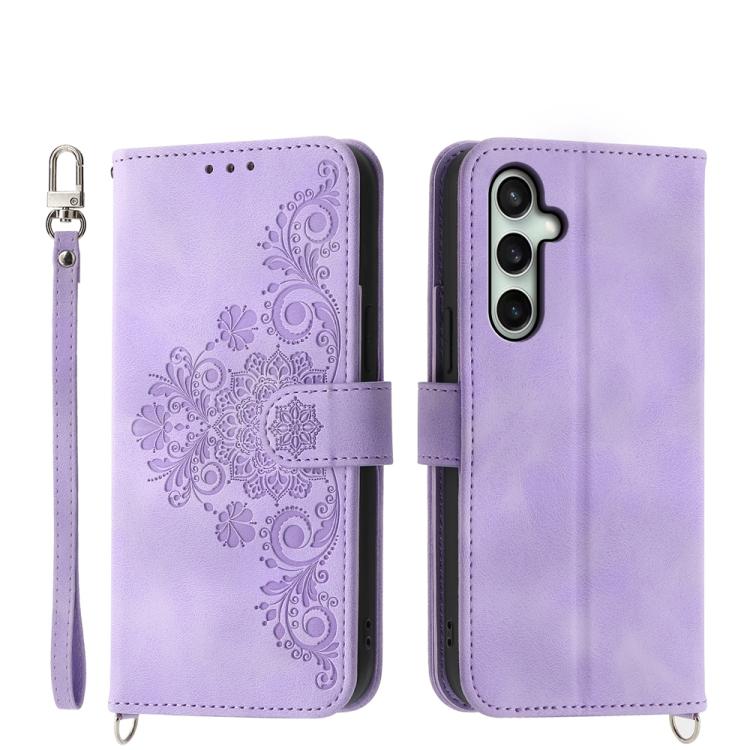 Funda de piel tipo billetera con diseño de flores en relieve para Samsung Galaxy S25 FE 5G (morado)